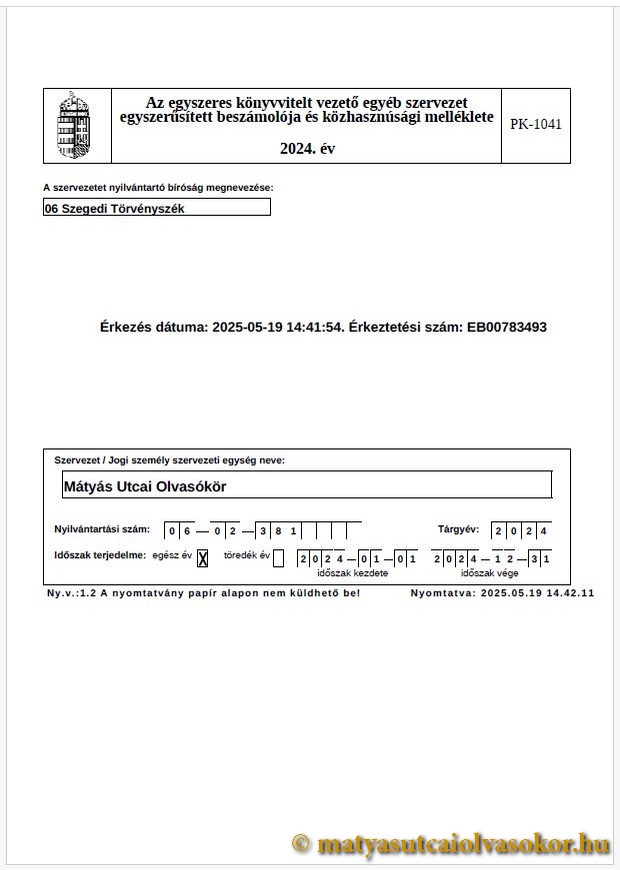 Az egyszeres könyvvitelt vezető egyéb szervezet egyszerűsített beszámolója és közhasznúsági melléklete - 2024. év, 1/8 oldal. Előnézeti kép.