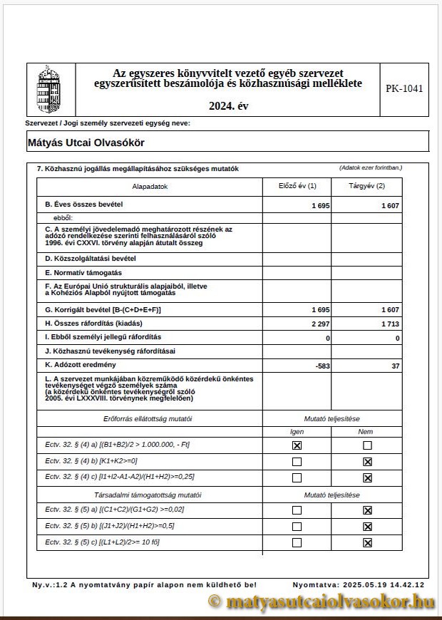 Az egyszeres könyvvitelt vezető egyéb szervezet egyszerűsített beszámolója és közhasznúsági melléklete - 2024. év, 8/8 oldal. Előnézeti kép.