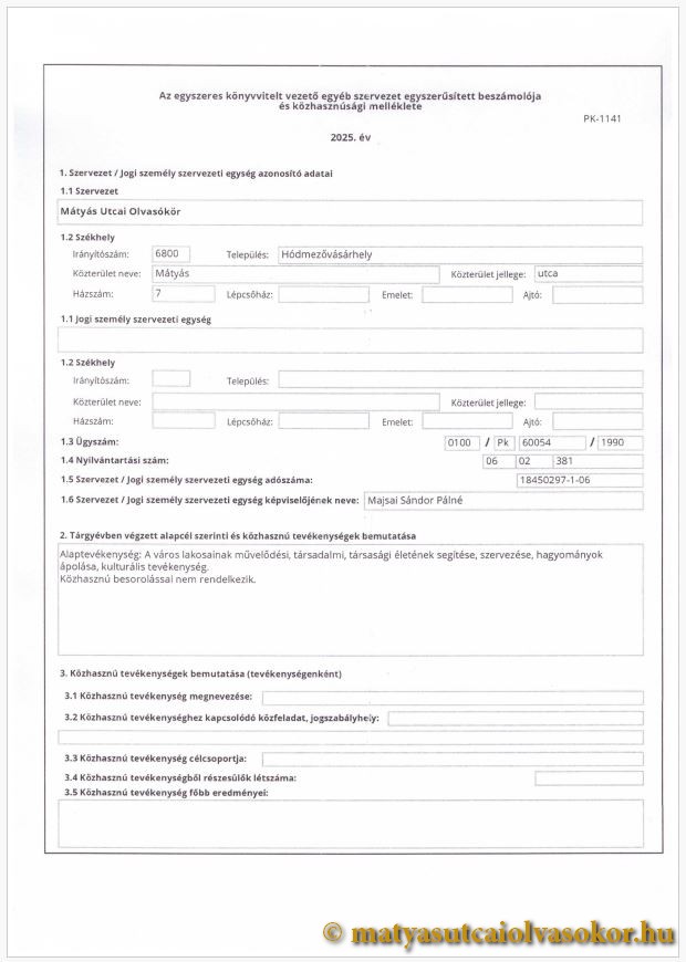 Az egyszeres könyvvitelt vezető egyéb szervezet egyszerűsített beszámolója és közhasznúsági melléklete - 2025. év, 6/10 oldal. Előnézeti kép.