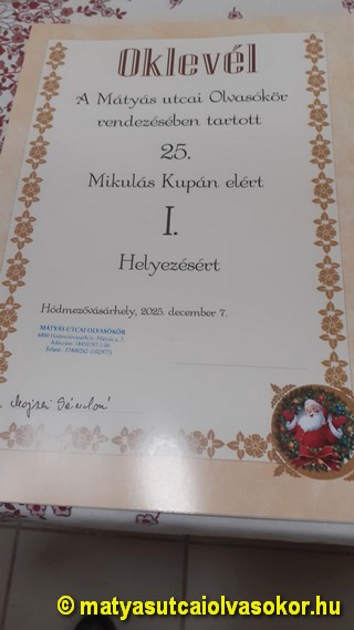 Az első helyezett oklevele.