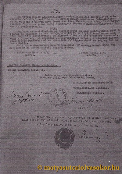 A Mátyás Utcai Olvasókör 1930. szeptember 26-án elfogadott alapszabályának utolsó oldala.